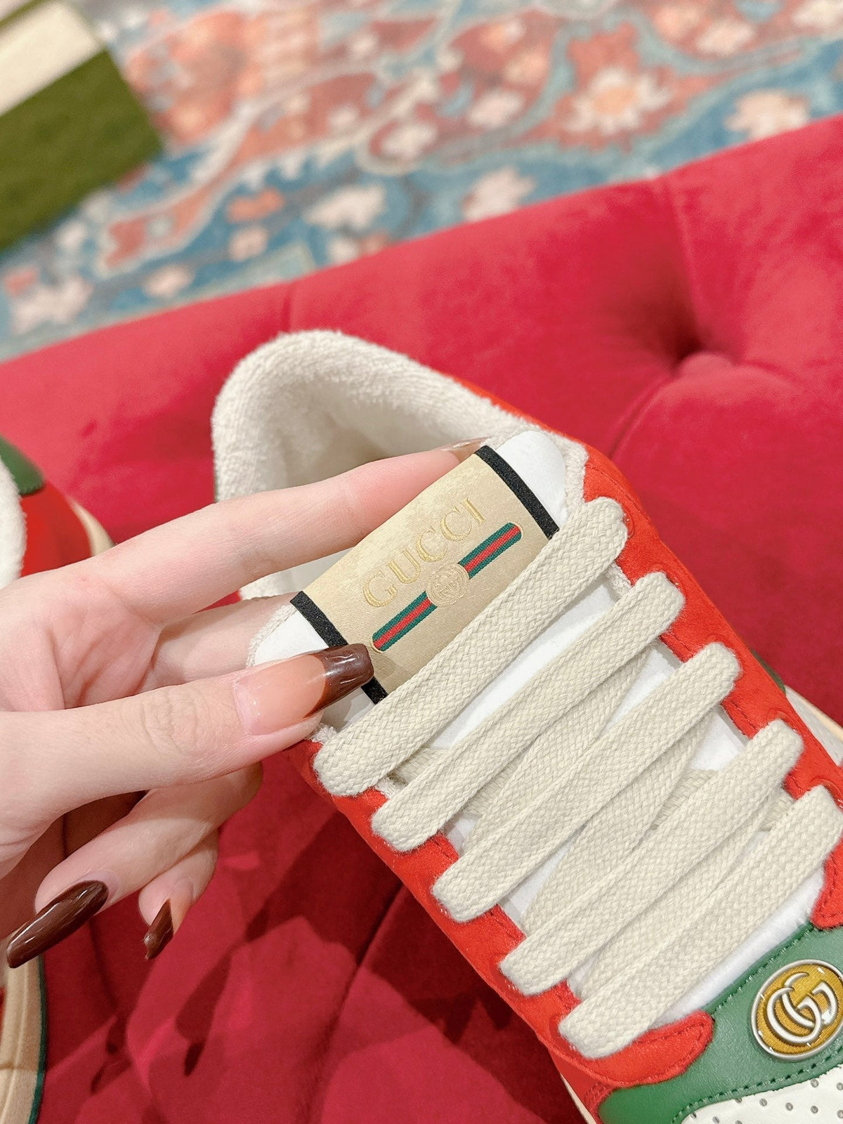 GUCCI 26S SCREENER SNEAKER IN GREEN LEATHER AND ORANGE SUEDE