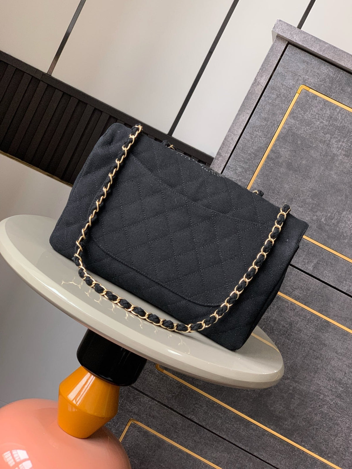 CHANEL 25S CLASSIC FLAP 26 CM IN GUNMETAL BLACK CANVAS EMBROIDERED MOTIF WITH GOLD HARDWARE