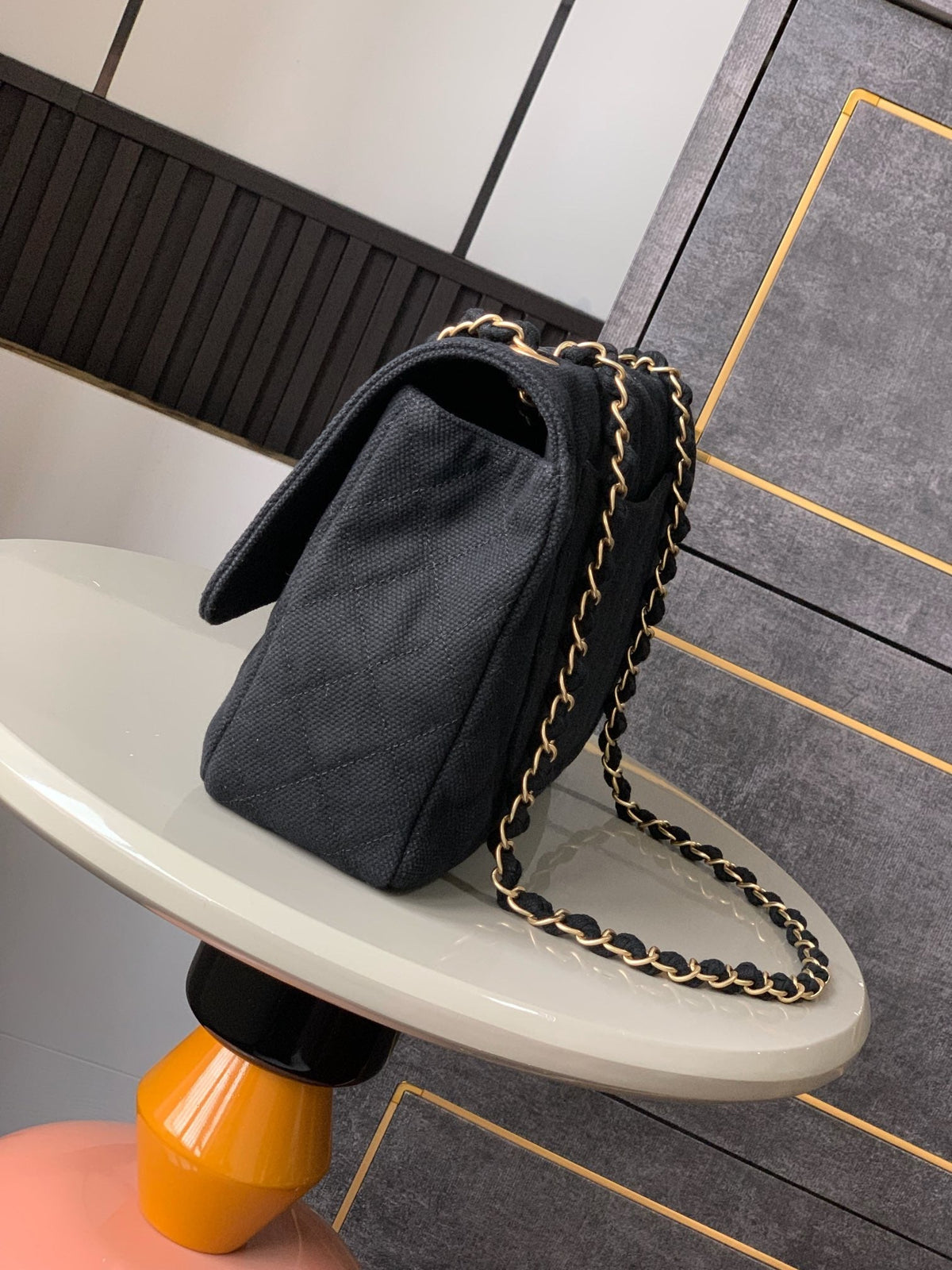 CHANEL 25S CLASSIC FLAP 26 CM IN GUNMETAL BLACK CANVAS EMBROIDERED MOTIF WITH GOLD HARDWARE