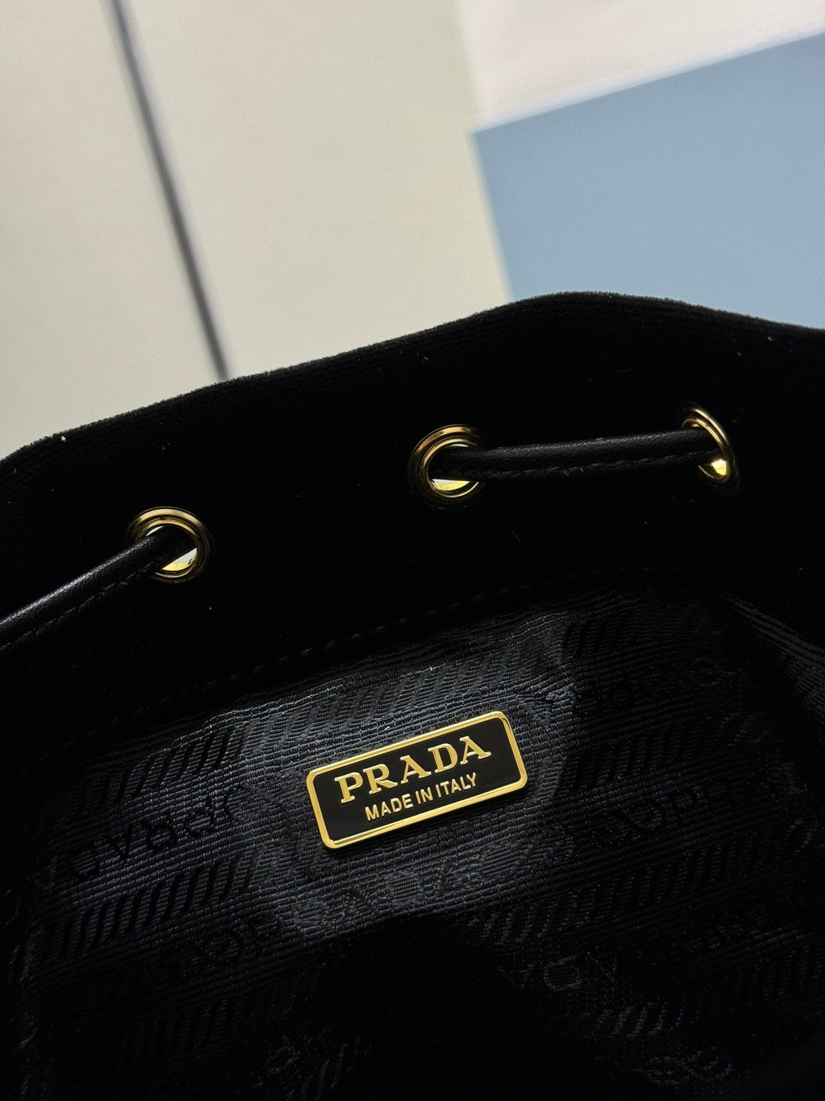 PRADA 25S BUCKET BAG 19 IN BLACK VELVET GOLD HARDWRE