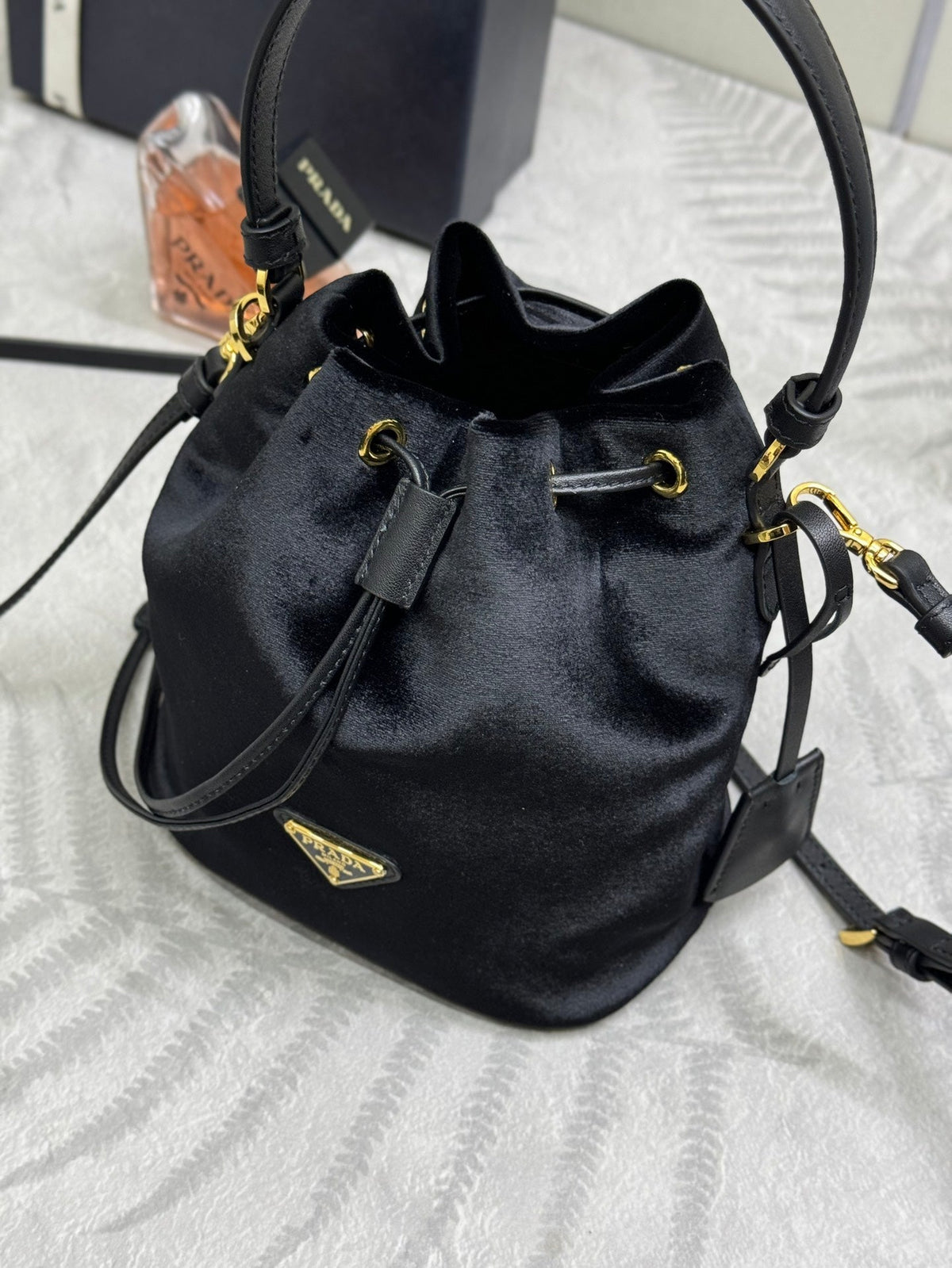 PRADA 25S BUCKET BAG 19 IN BLACK VELVET GOLD HARDWRE