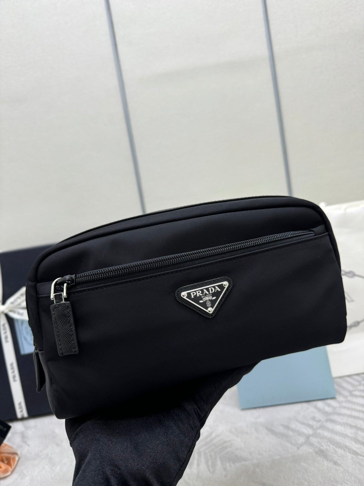 PRADA 25S MEDIUM CLUTCH BAG 26 IN BLACK NYLON SILVER HARDWRE