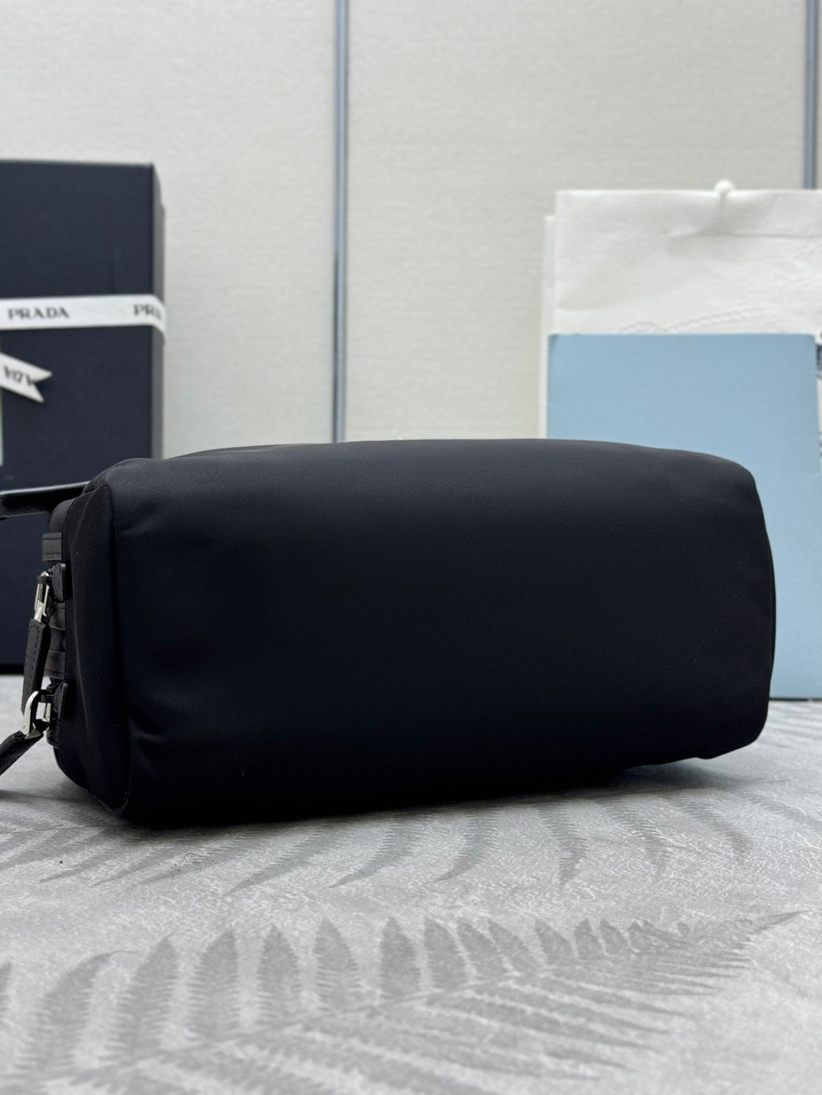 PRADA 25S MEDIUM CLUTCH BAG 26 IN BLACK NYLON SILVER HARDWRE