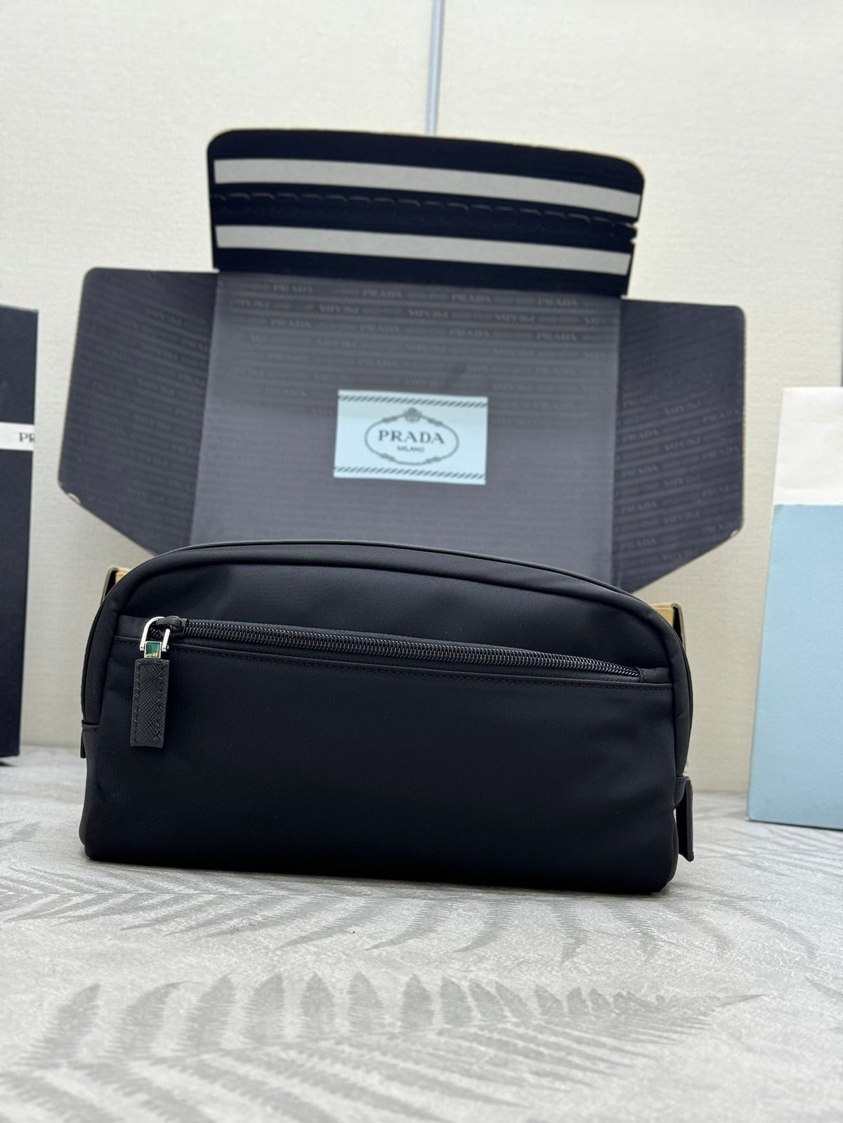 PRADA 25S MEDIUM CLUTCH BAG 26 IN BLACK NYLON SILVER HARDWRE