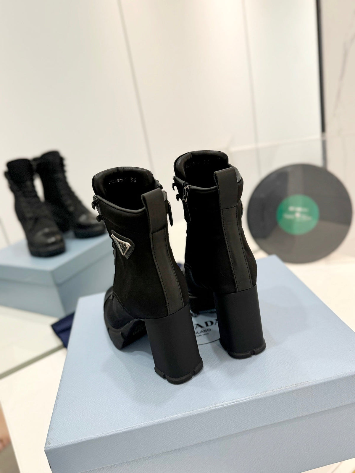 PRA RE-NYLON AND LEATHER BOOTIES BLACK