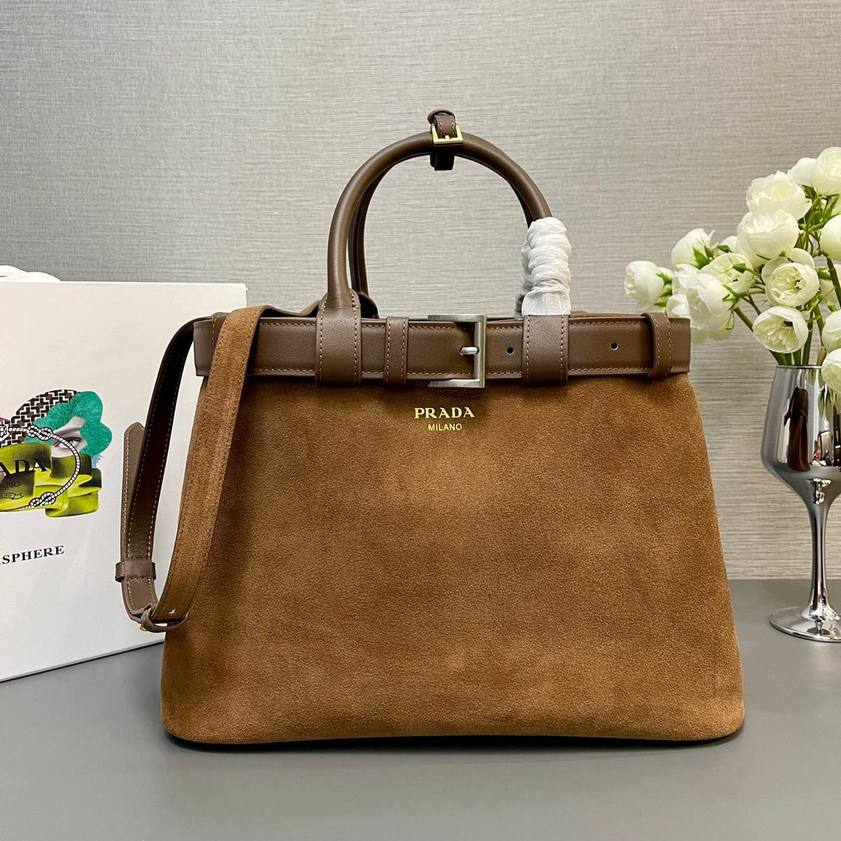 MEDIUM TOTE BAG WITH BELT 35 IN RUSSET BROWN SUEDE