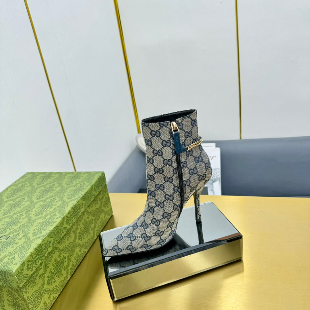 GG SIGNORIA ANKLE BOOT IN PALE GRAY MONOGRAM CANVAS