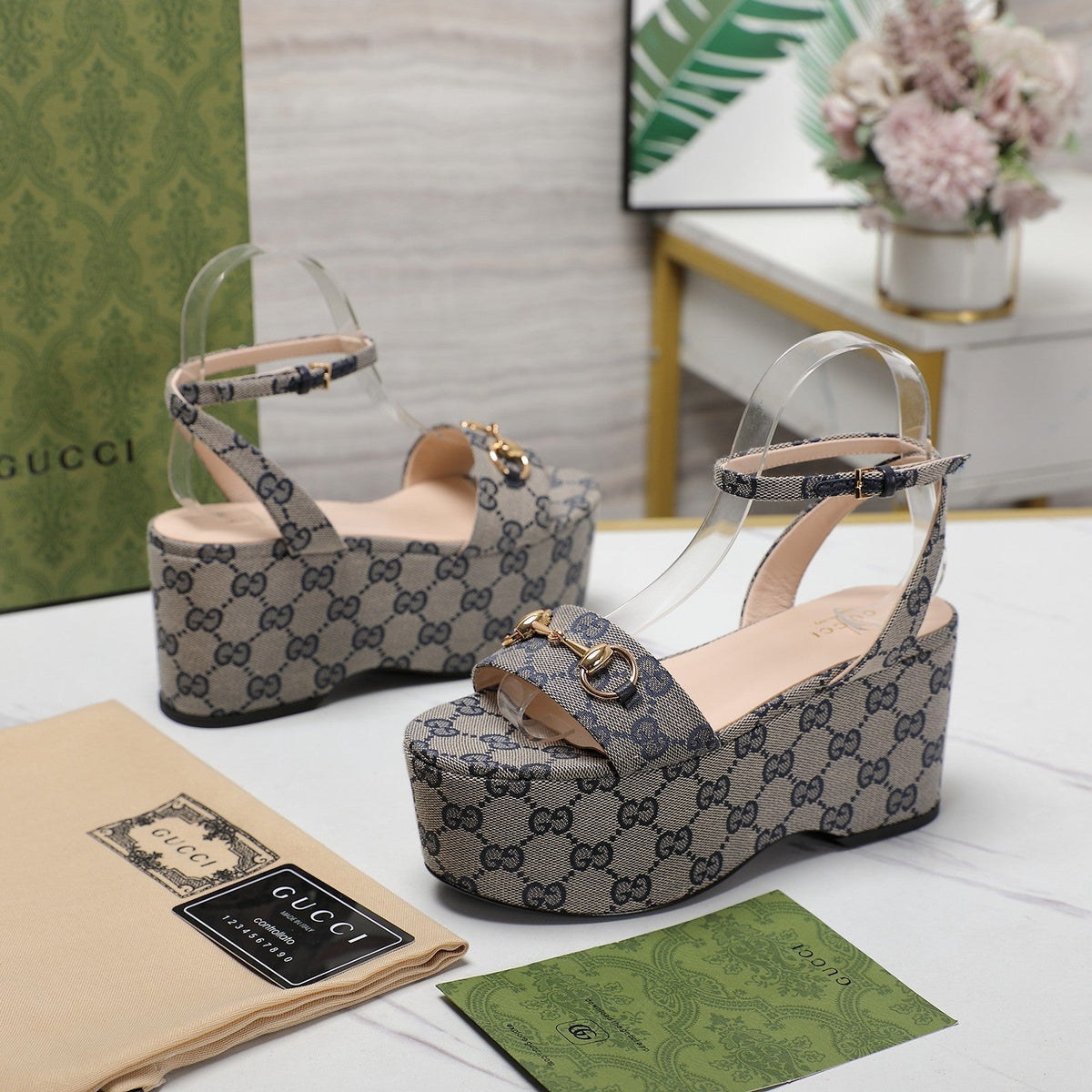 GG Horsebit Wedges Sandals Grey