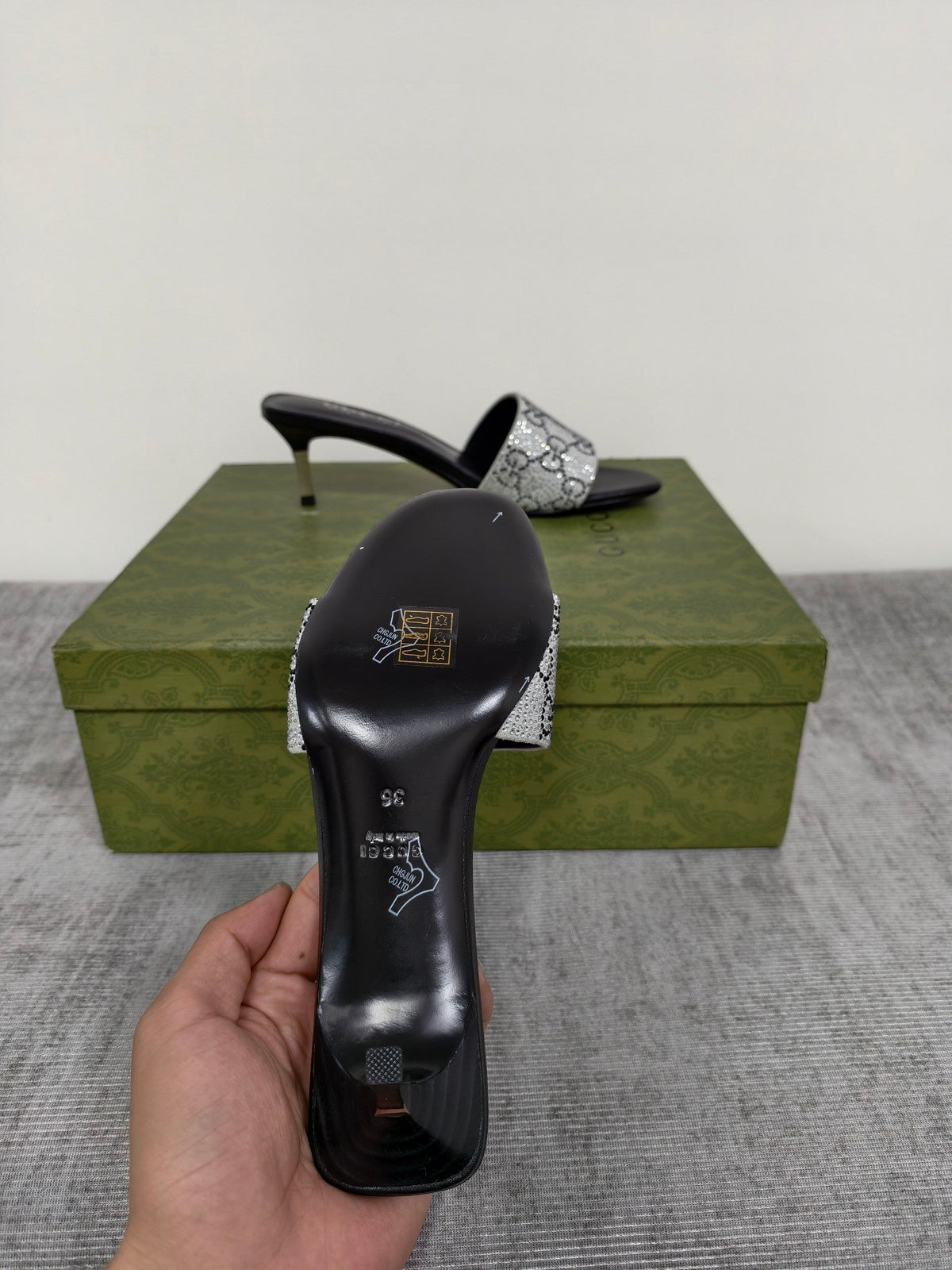 GUCCI 26S MULE SANDALS 55MM IN SILVER SATIN CRYSTAL GG