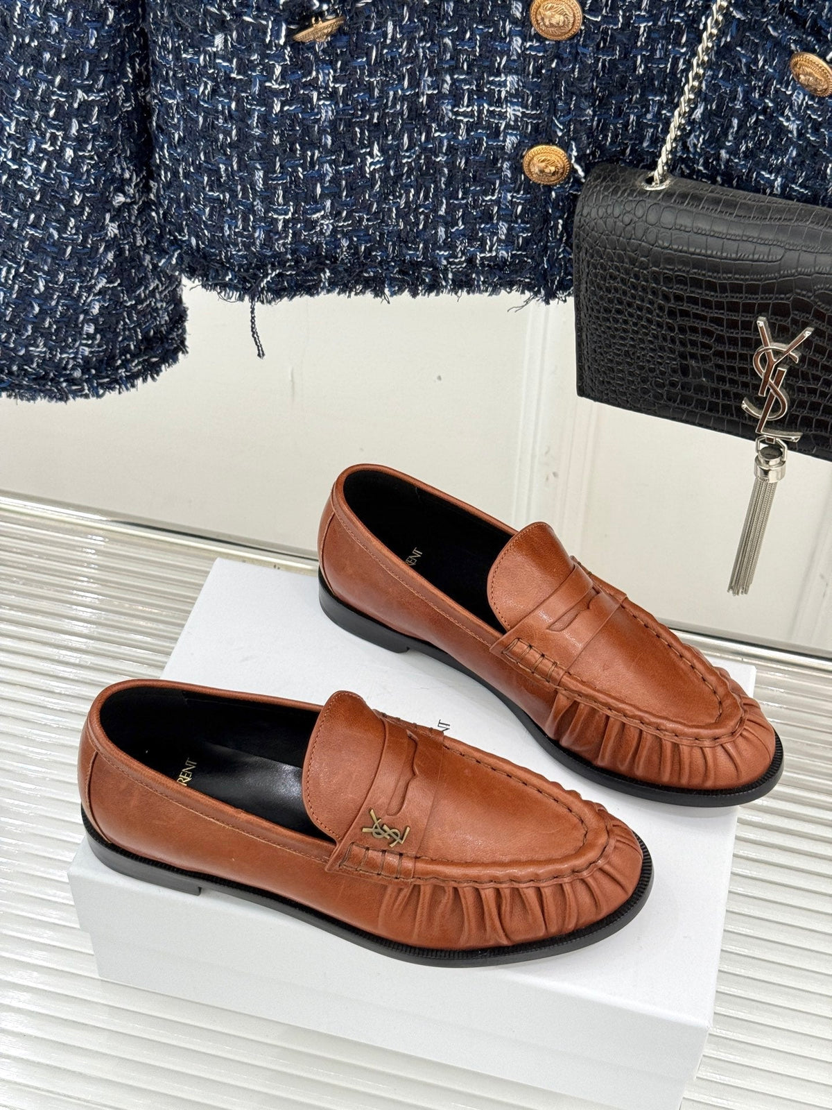 YSL 25S LOAFERS IN BURNT ORANGE BROWN LAMBSKIN