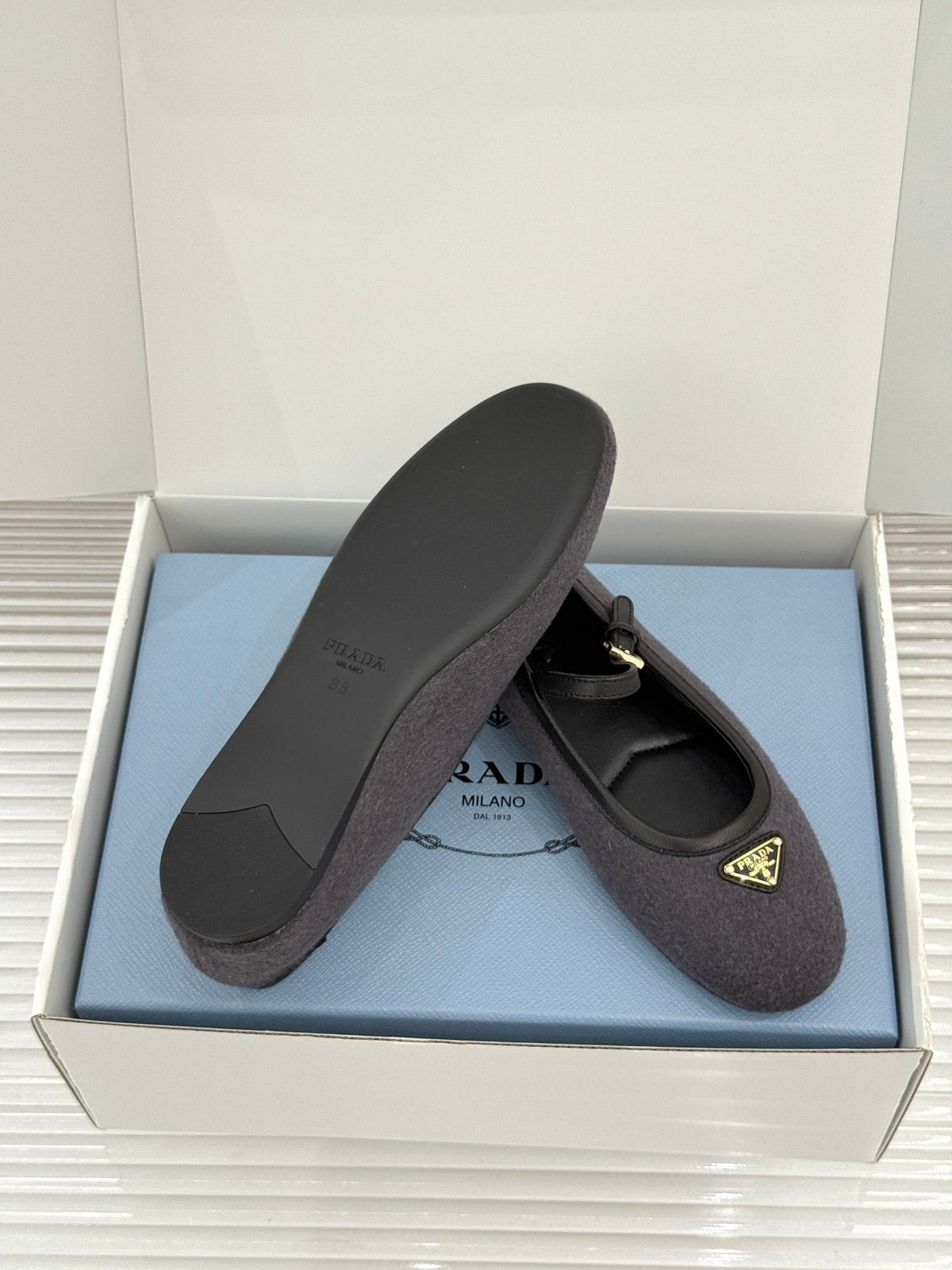 PRADA 26S MARY JANE FLATS IN CHARCOAL GREY FELTED FABRIC