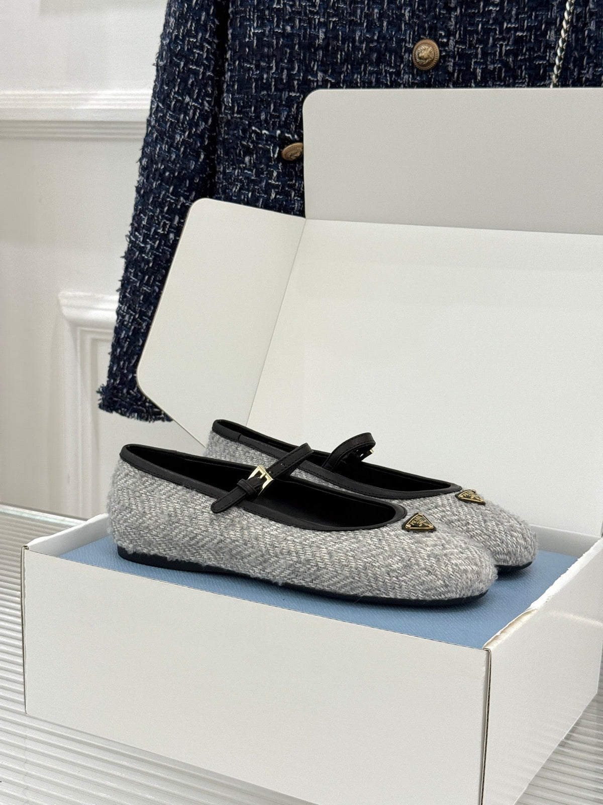 PRADA 26S MARY JANE FLATS IN LIGHT GREY TWEED