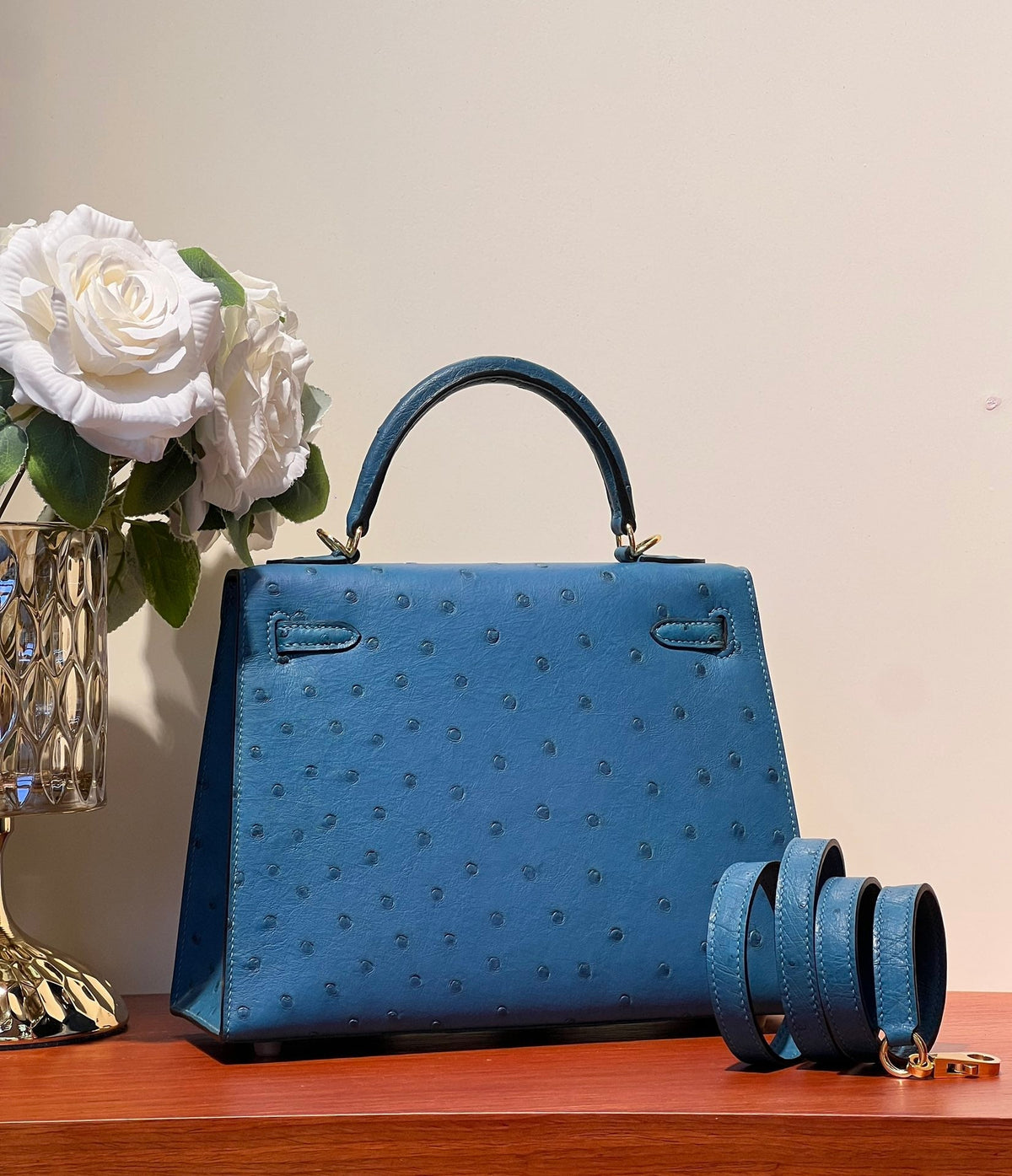 KELLY SELLIER 25 BAG IN ROYAL BLUE OSTRICH LEATHER