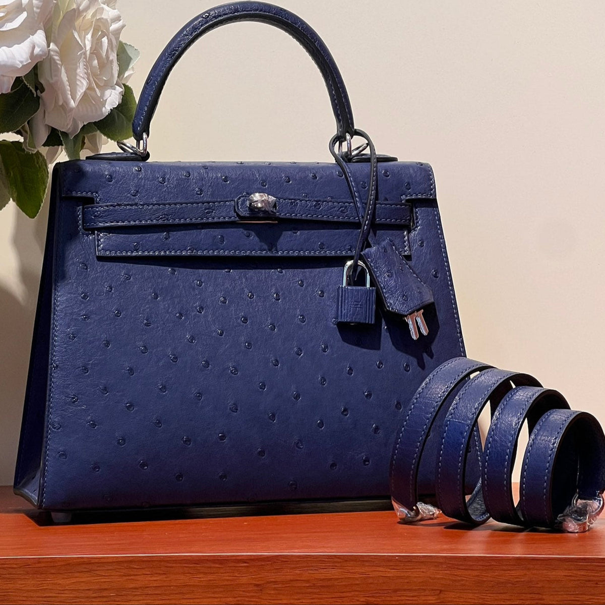 KELLY SELLIER 25 BAG IN NAVY BLUE OSTRICH LEATHER WITH SILVER HARDWARE