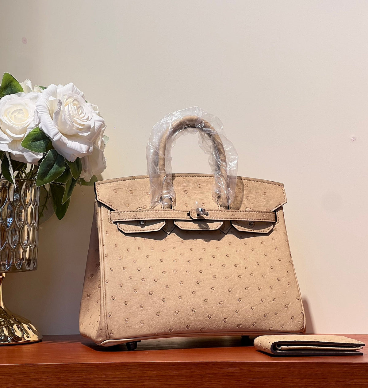 KELLY SELLIER 25 BAG IN CAMEL BEIGE OSTRICH LEATHER WITH SILVER HARDWARE
