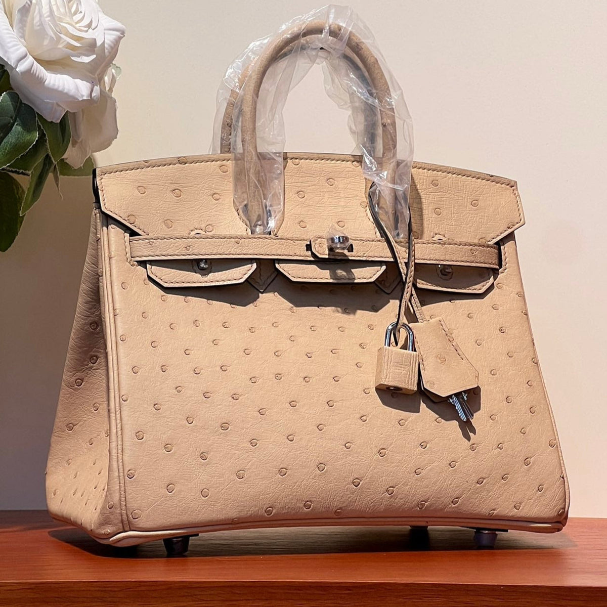 KELLY SELLIER 25 BAG IN CAMEL BEIGE OSTRICH LEATHER WITH SILVER HARDWARE