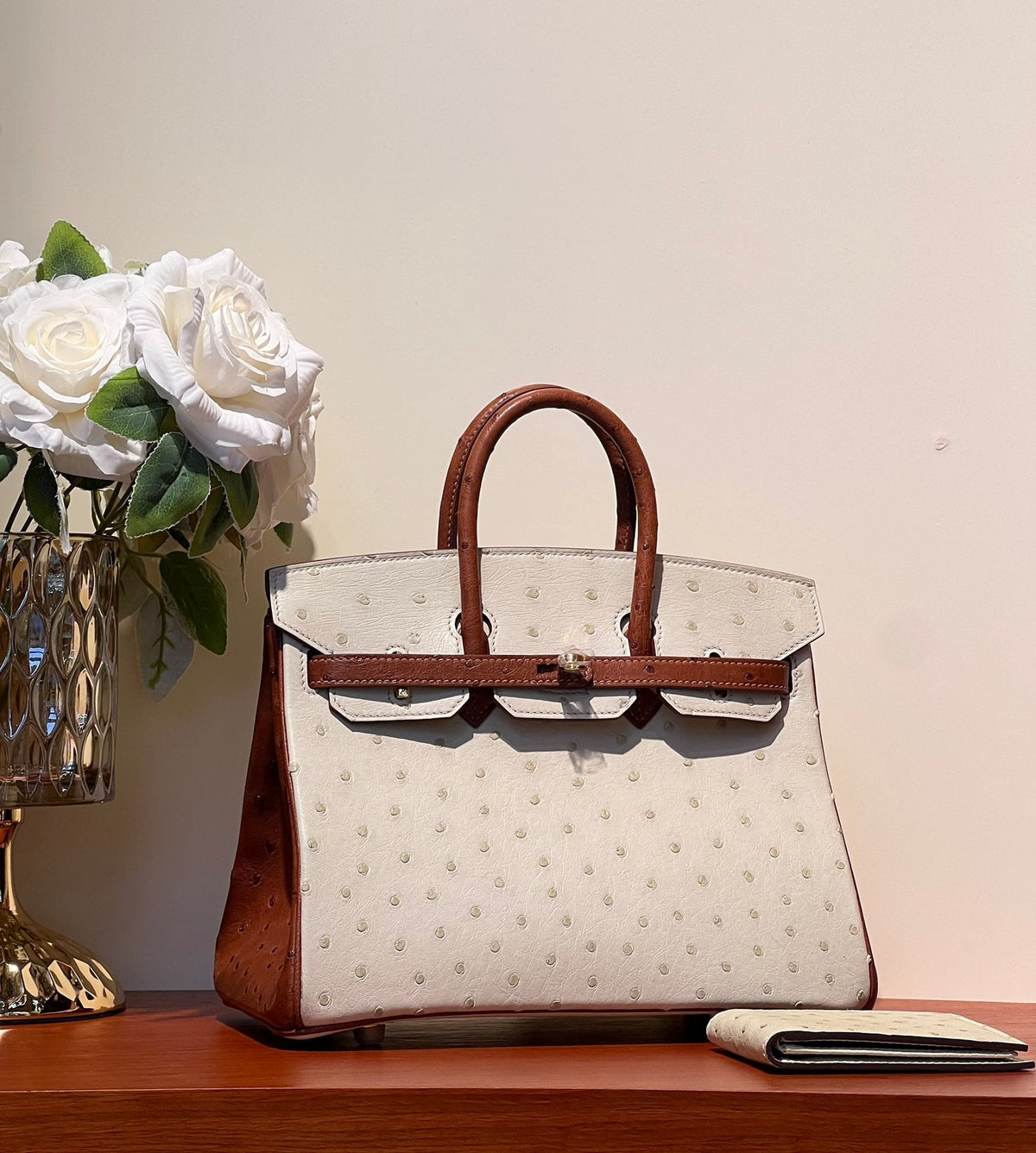 KELLY SELLIER 25 BAG IN WHITE MIX RED BROWN OSTRICH LEATHER