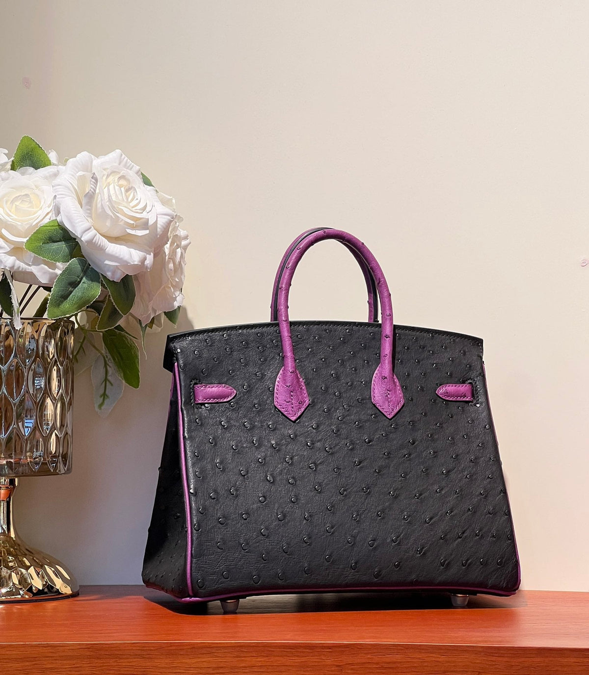 KELLY SELLIER 25 BAG IN BLACK MIX ORCHID PURPLE OSTRICH LEATHER