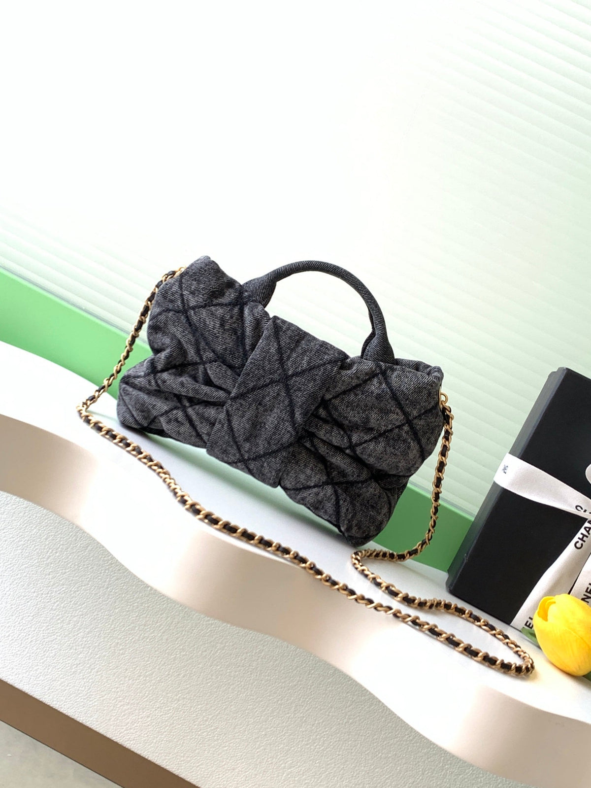 CHANEL 25S MAXI BOW BAG 26 IN DARK GREY DENIM WITH GOLD HARDWARE