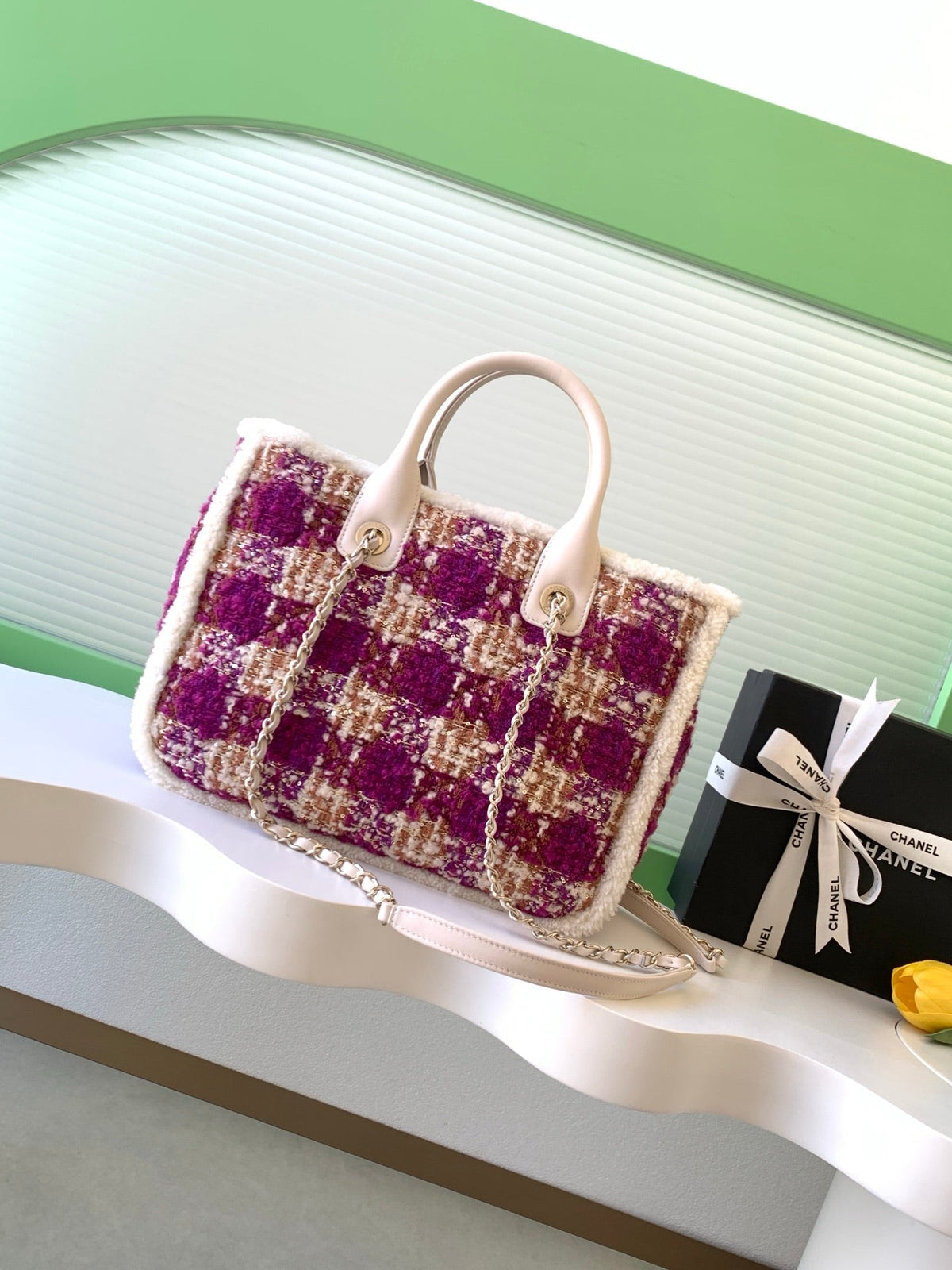 CHANEL 25S SHOPPING BAG 34 IN DARK PINK MIX WHITE TWEED