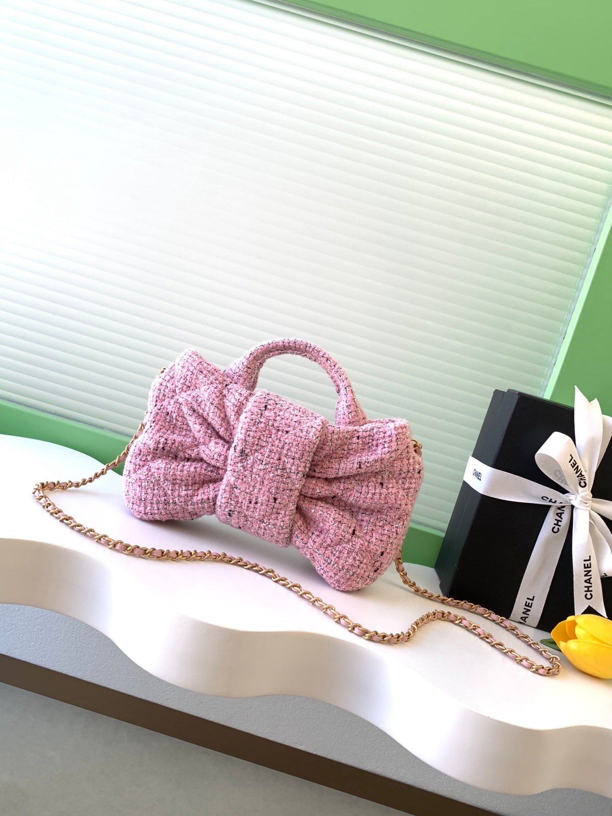 CHANEL 25S BOW BAG 26 IN PINK TWEED WITH GOLD HARDWARE