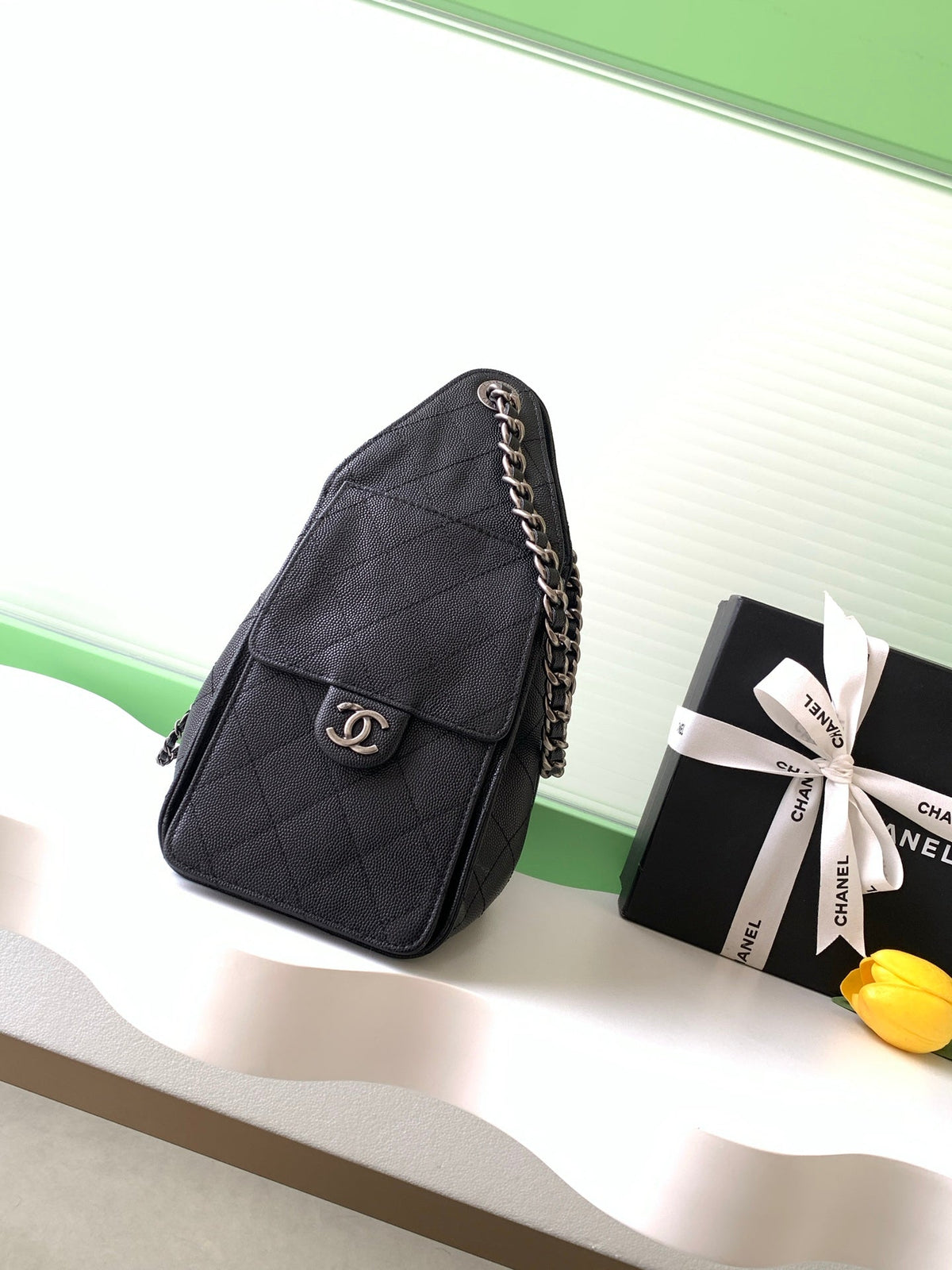 CHANEL 26S HOBO BAG 30 IN BLACK CAVIAR CALFSKIN DARK SILVER HARDWARE