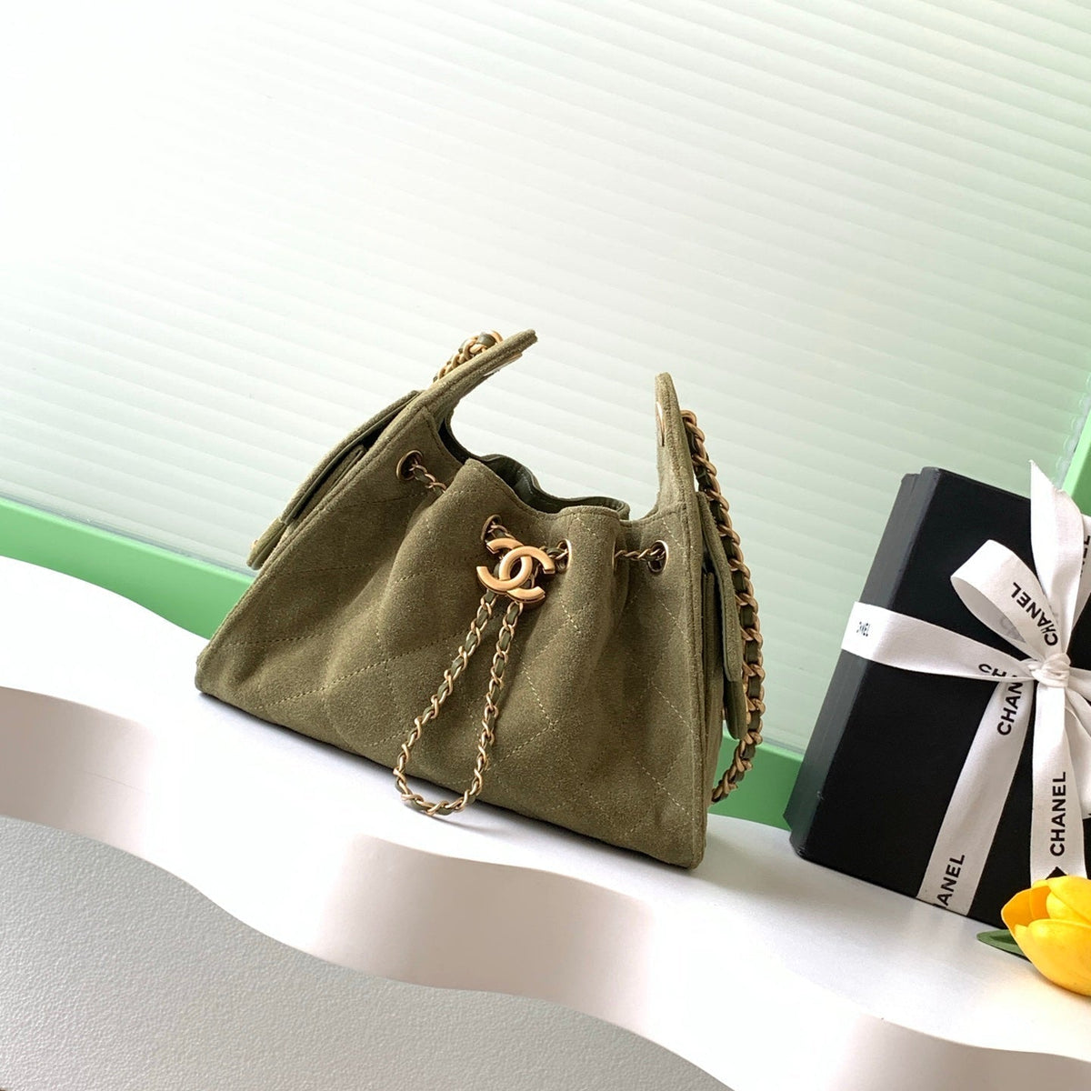 CHANEL 25S HOBO BAG 22 IN MOSS GREEN SUEDE WITH GOLD HARDWARE