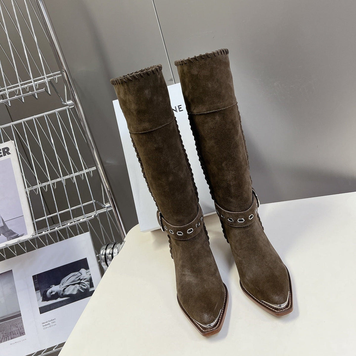CELINE 25S BULKY LACED UP BOOTS 45MM IN CHARCOAL BROWN SUEDE
