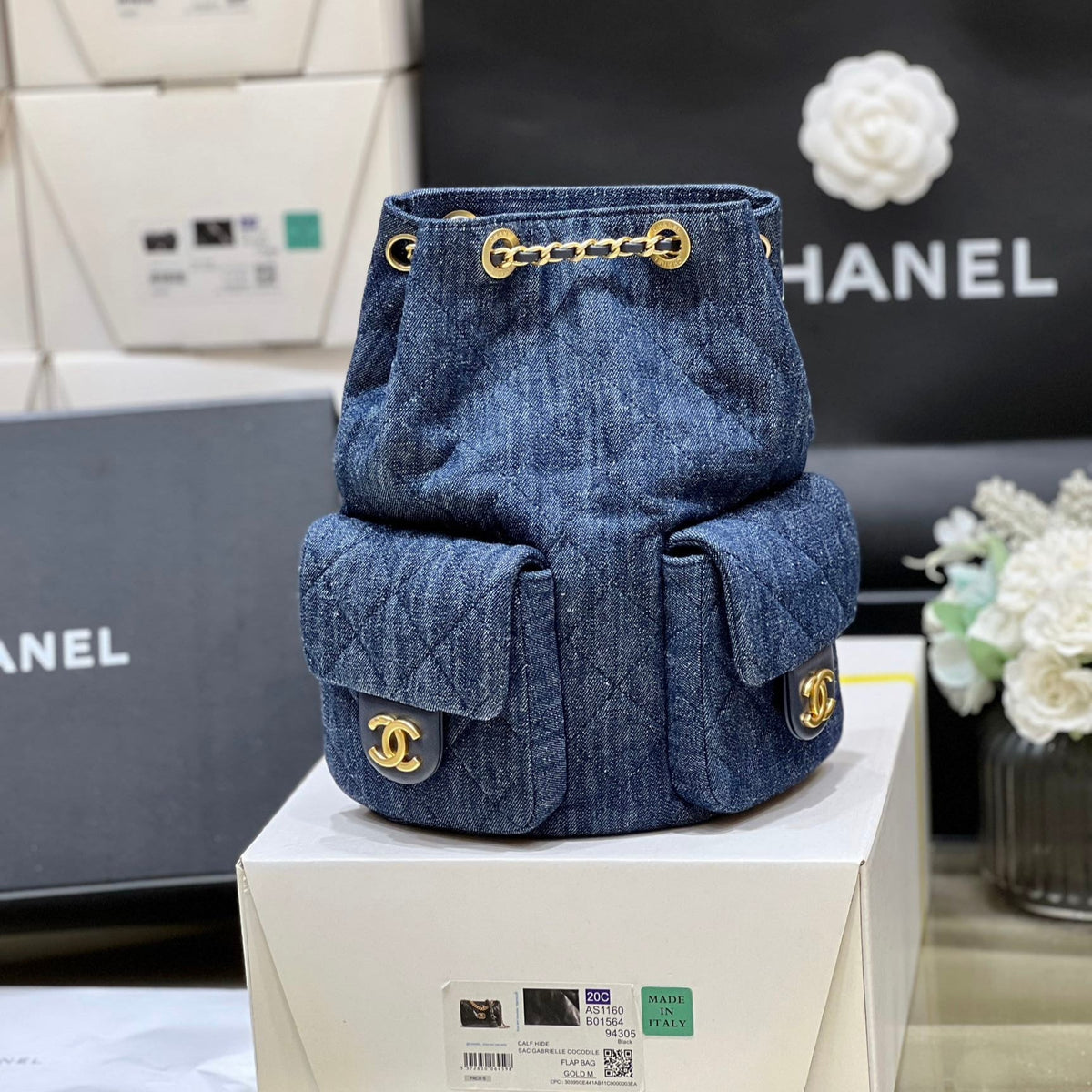 DRAWSTRING BUCKET BACKPACK 24 IN DARK BLUE DENIM GOLD HARDWARE