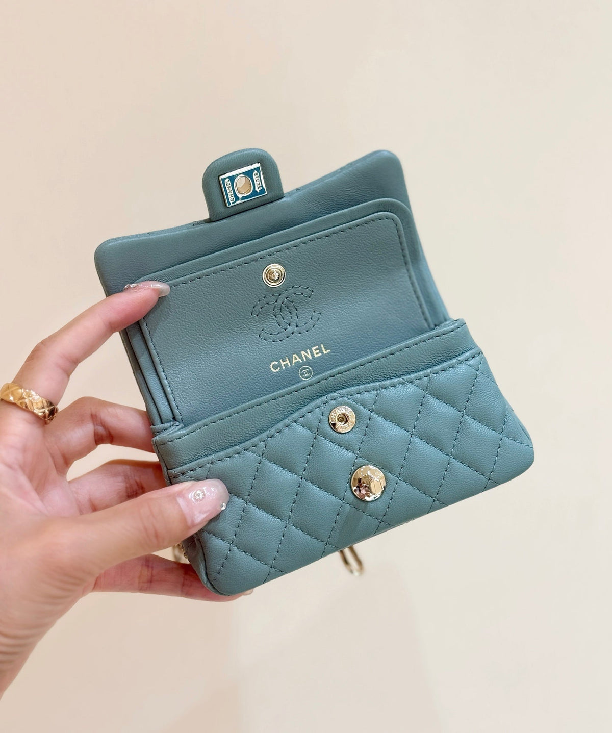CHANEL 25S FLAP CHARM BAG 13 IN TEAL BLUE LAMBSKIN