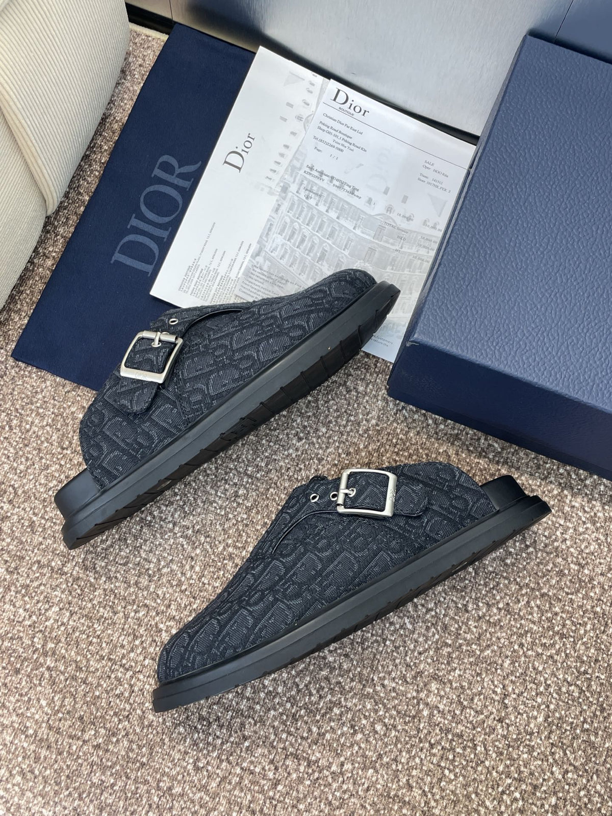 DIOR 25S AQUA MULES WITH OBLIQUE PATTERN IN DARK BLUE CANVAS