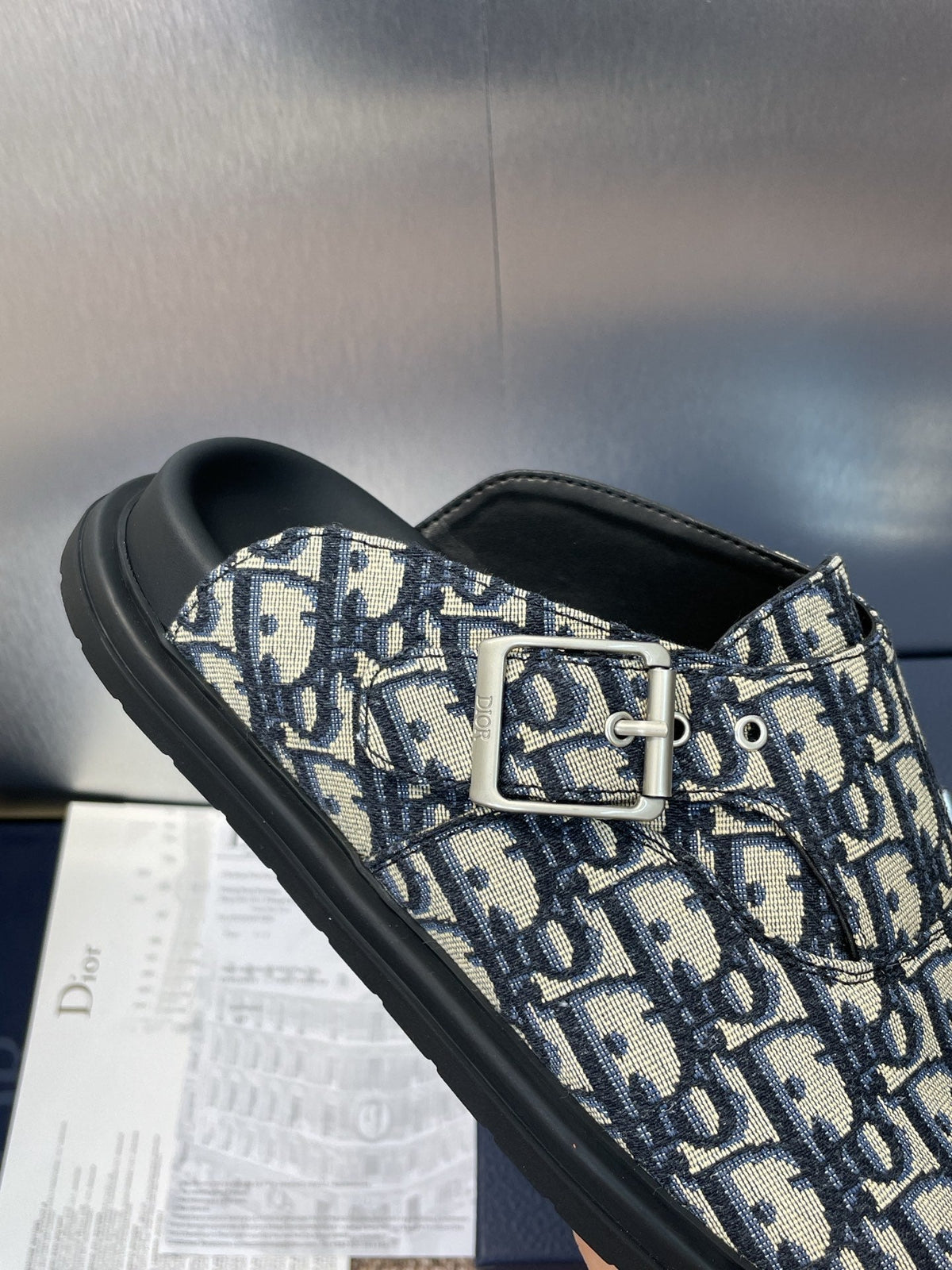 DIOR 25S AQUA MULES WITH OBLIQUE PATTERN IN DEEP BLUE CANVAS
