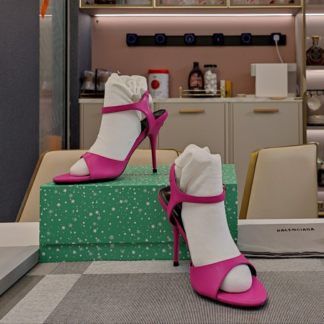 OPEN TOE STRAPPY HIGH HEEL IN PINK CALFSKIN