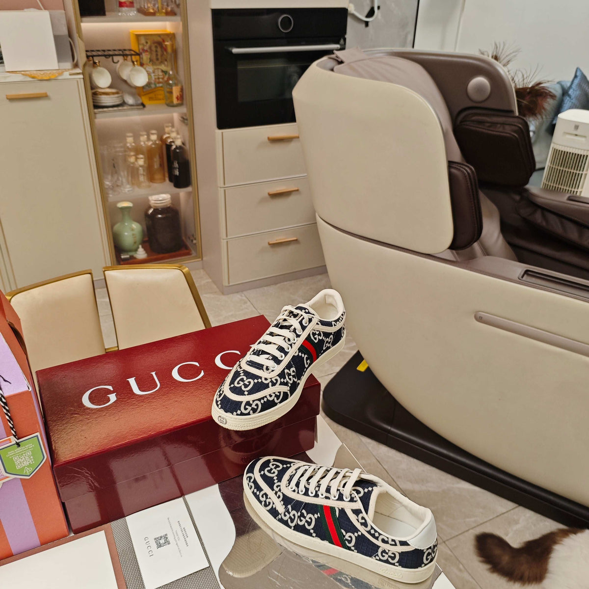 GUCCI 26S GG WEB SNEAKERS IN NAVY BLUE AND WHITE GG CANVAS
