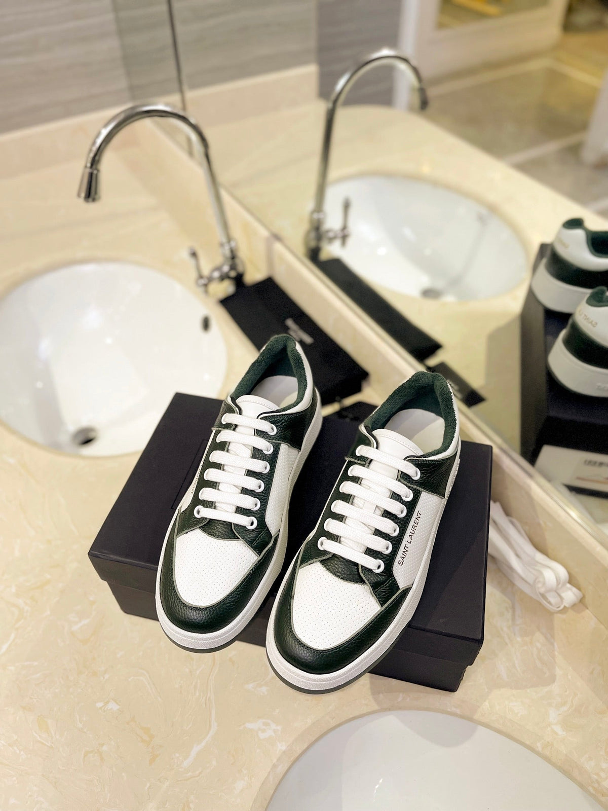 SL SL/61 SNEAKERS DARK GREEN AND WHITE CALFSKIN