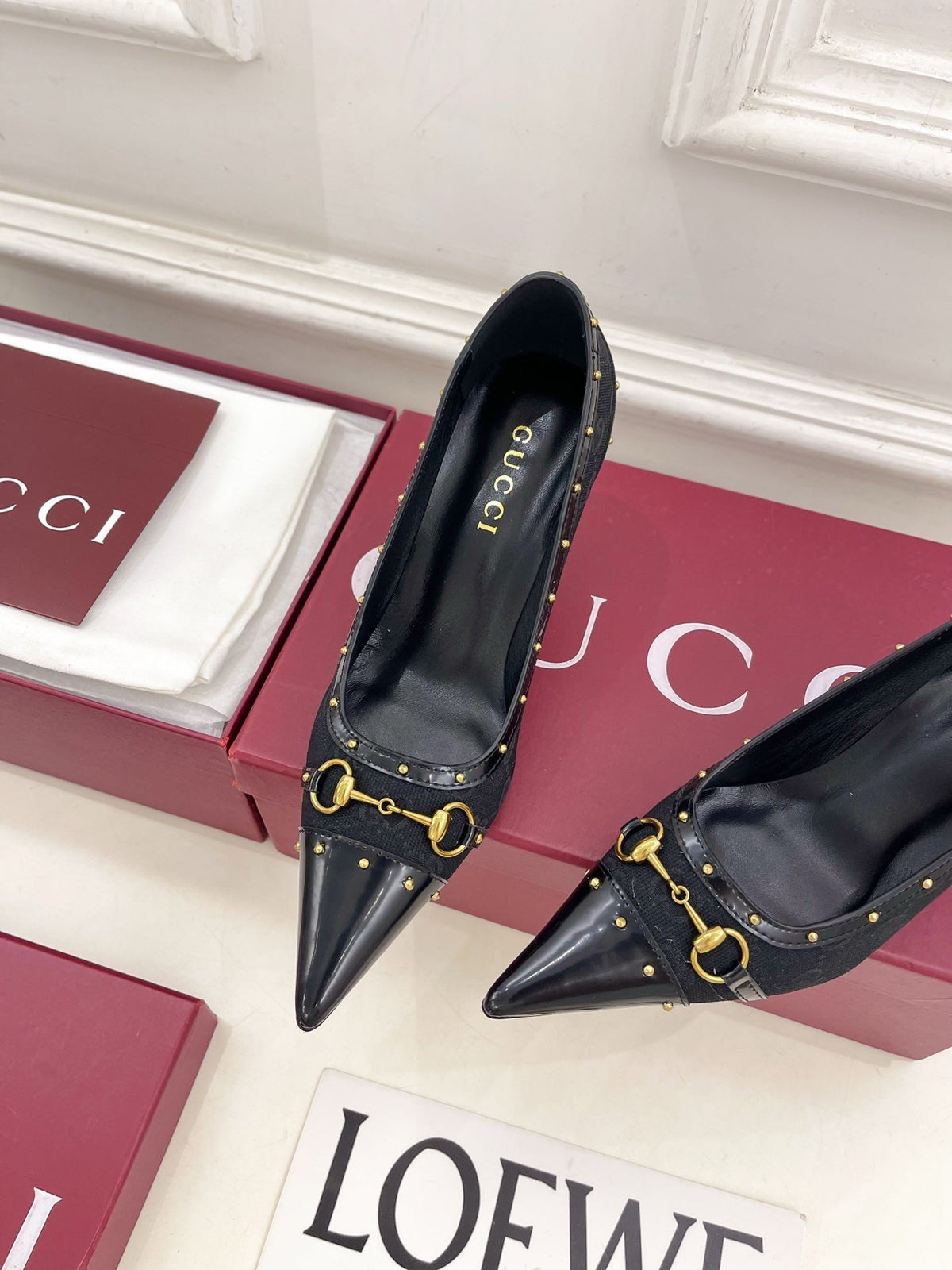 GUCCI 26S HIGH HEELS 75 MM IN BLACK CANVAS GG LOGO PATTERN