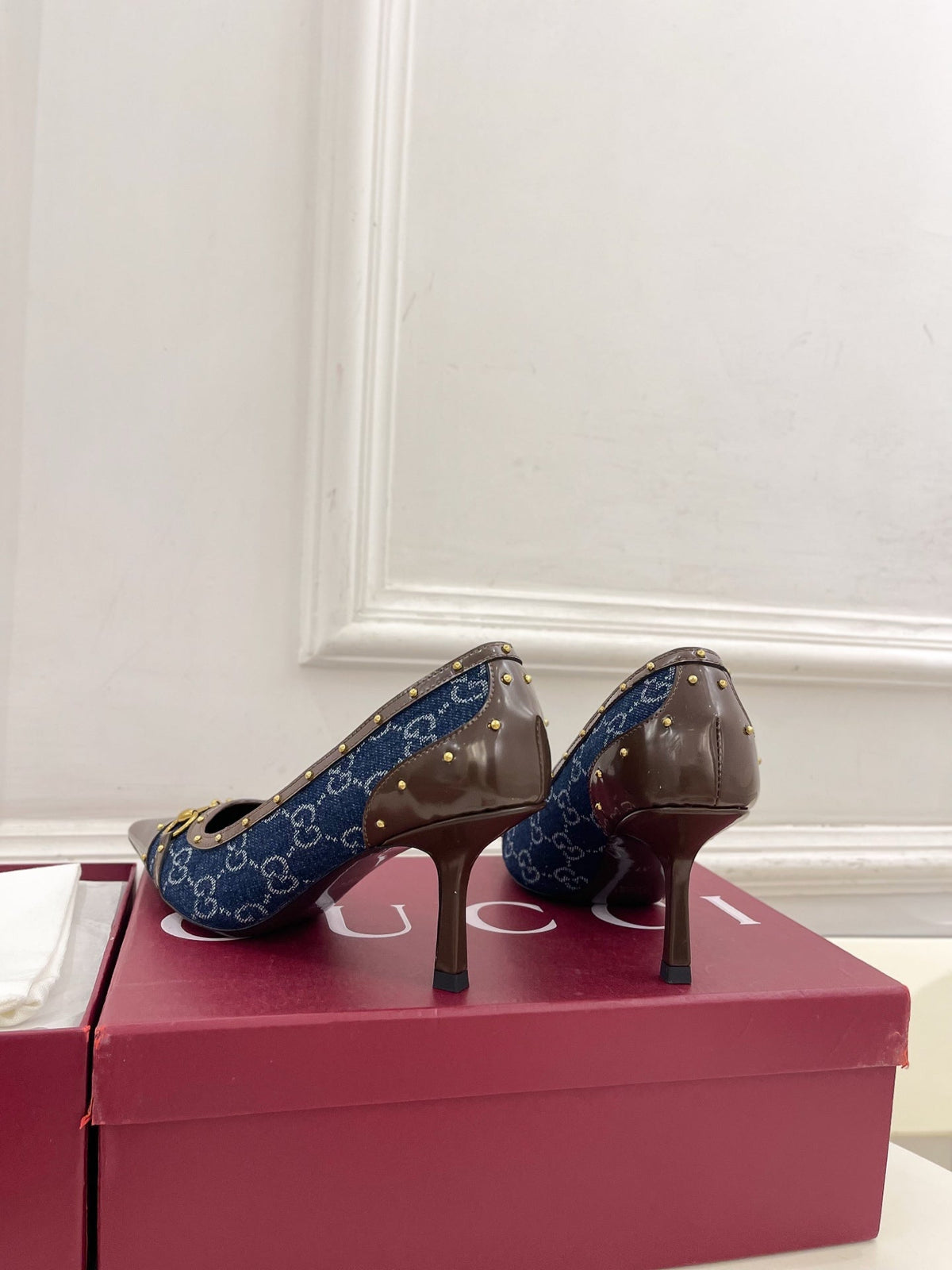 GUCCI 26S HIGH HEELS 75 MM IN BLUE DENIM GG LOGO PATTERN