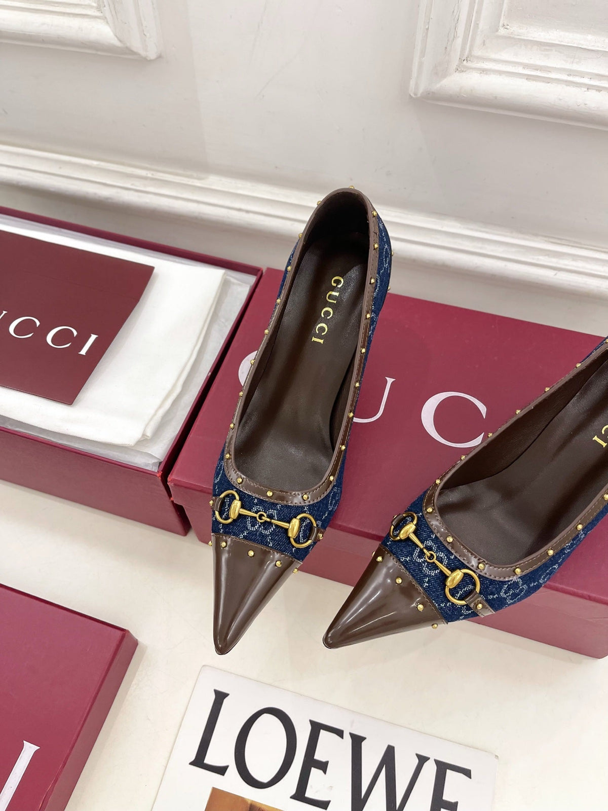 GUCCI 26S HIGH HEELS 75 MM IN BLUE DENIM GG LOGO PATTERN