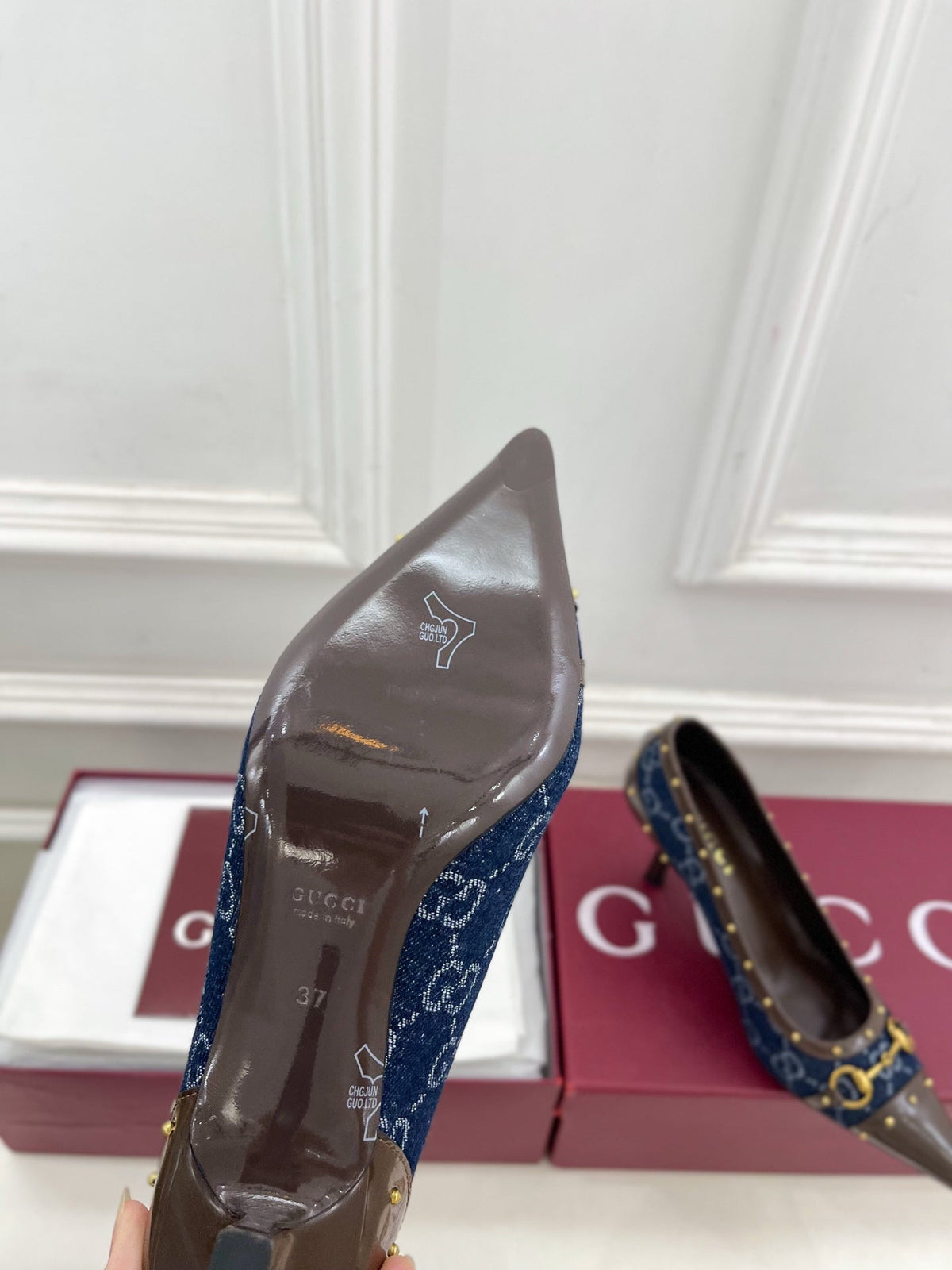 GUCCI 26S HIGH HEELS 75 MM IN BLUE DENIM GG LOGO PATTERN