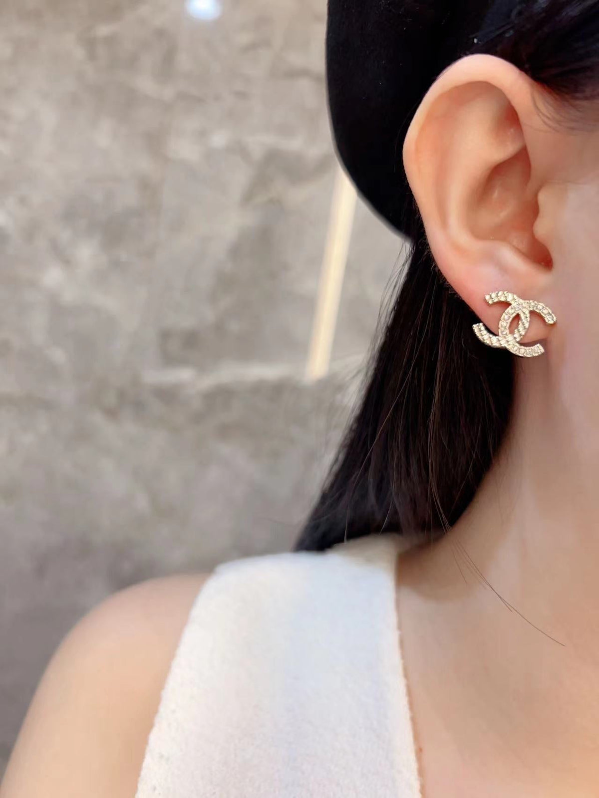DOUBLE C HALF DIAMONDS GOLD EARRINGS