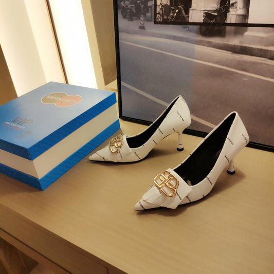 POINTED TOE PUMPS WHITE WITH LOGO PRINT SMOOTH CALFSKIN