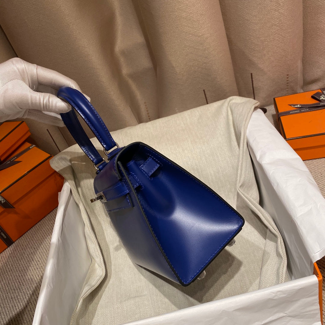 KELLY MINI 20 BAG IN NAVY BLUE SMOOTH CALFSKIN WITH SILVER HARDWARE
