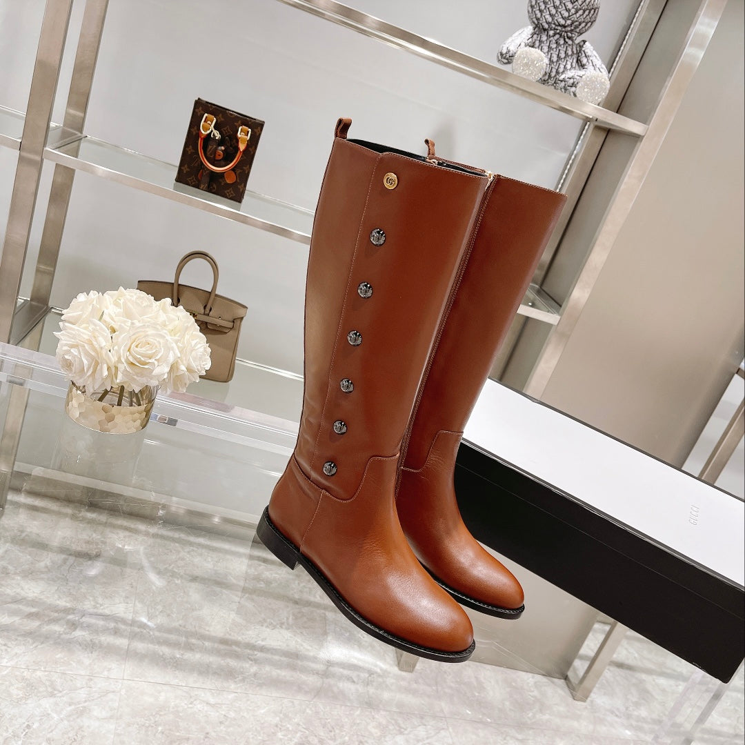 GG CLASSIC KNEE HIGH BOOTS IN BRONZE BROWN IMPORTED CALFSKIN