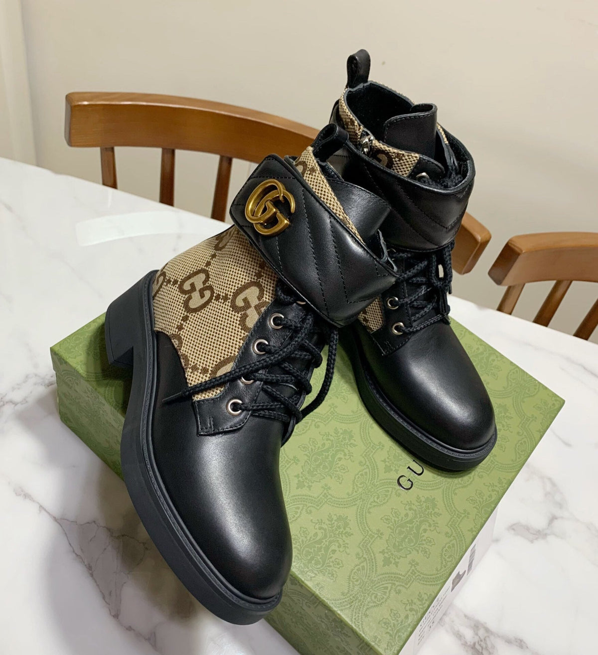 LACE-UP ANKLE BOOTS WITH DOUBLE G BUCKLE IN BEIGE CANVAS AND BLACK SHEEPSKIN