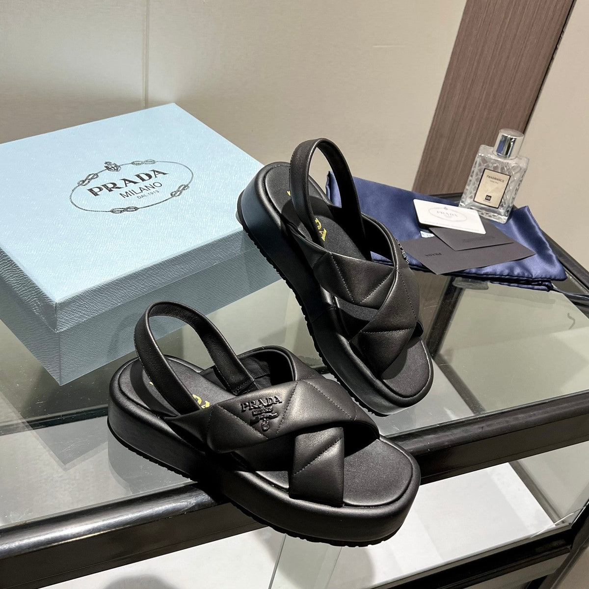 PRA PADDED CRISSCROSS SANDALS BLACK LAMBSKIN