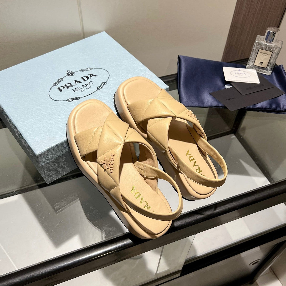 PRA PADDED CRISSCROSS SANDALS BEIGE LAMBSKIN