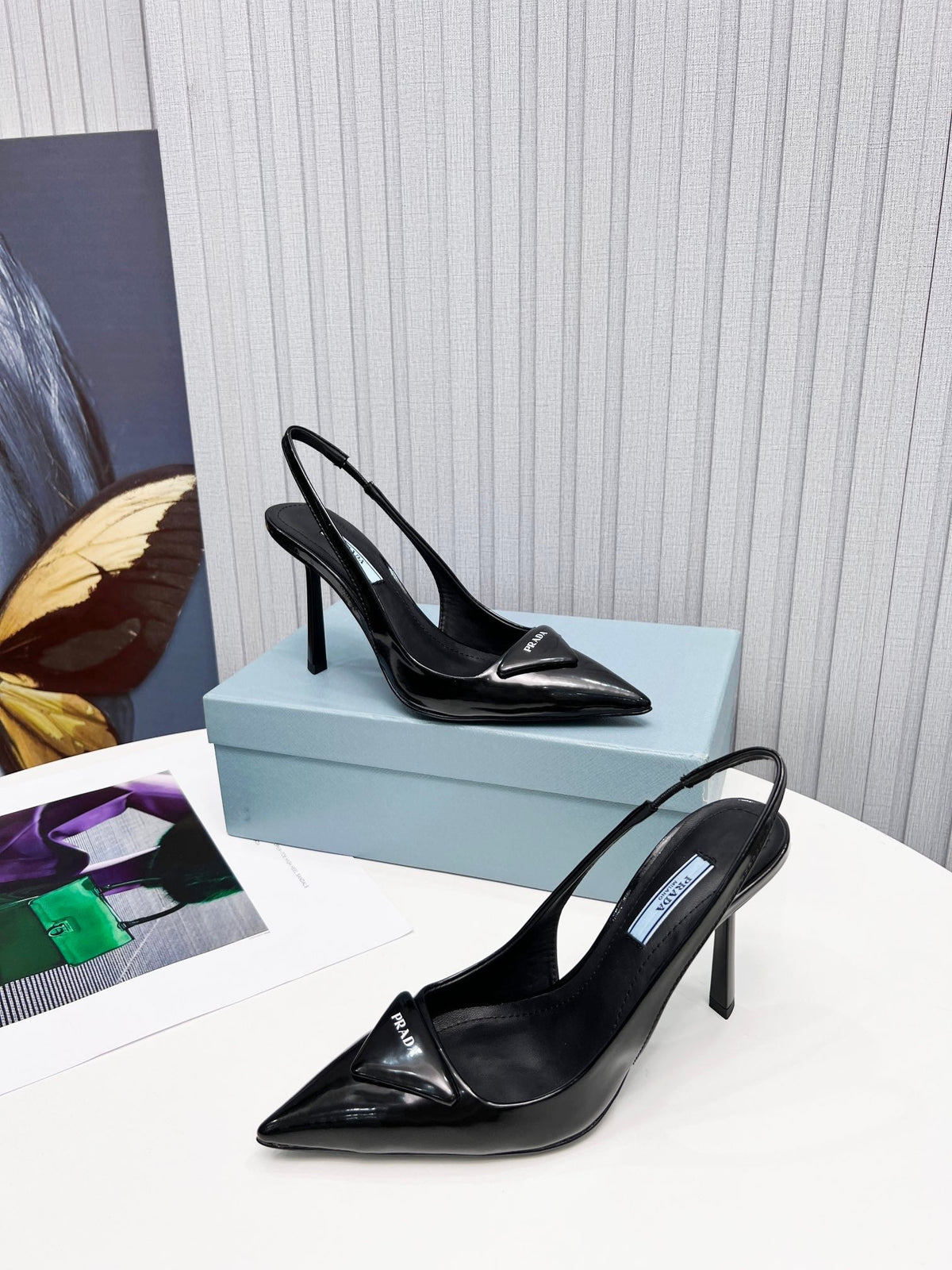 PRADA 26S SLINGBACK PUMPS STILETTO HEEL 95MM IN BLACK PATENT CALFSKIN LOGO