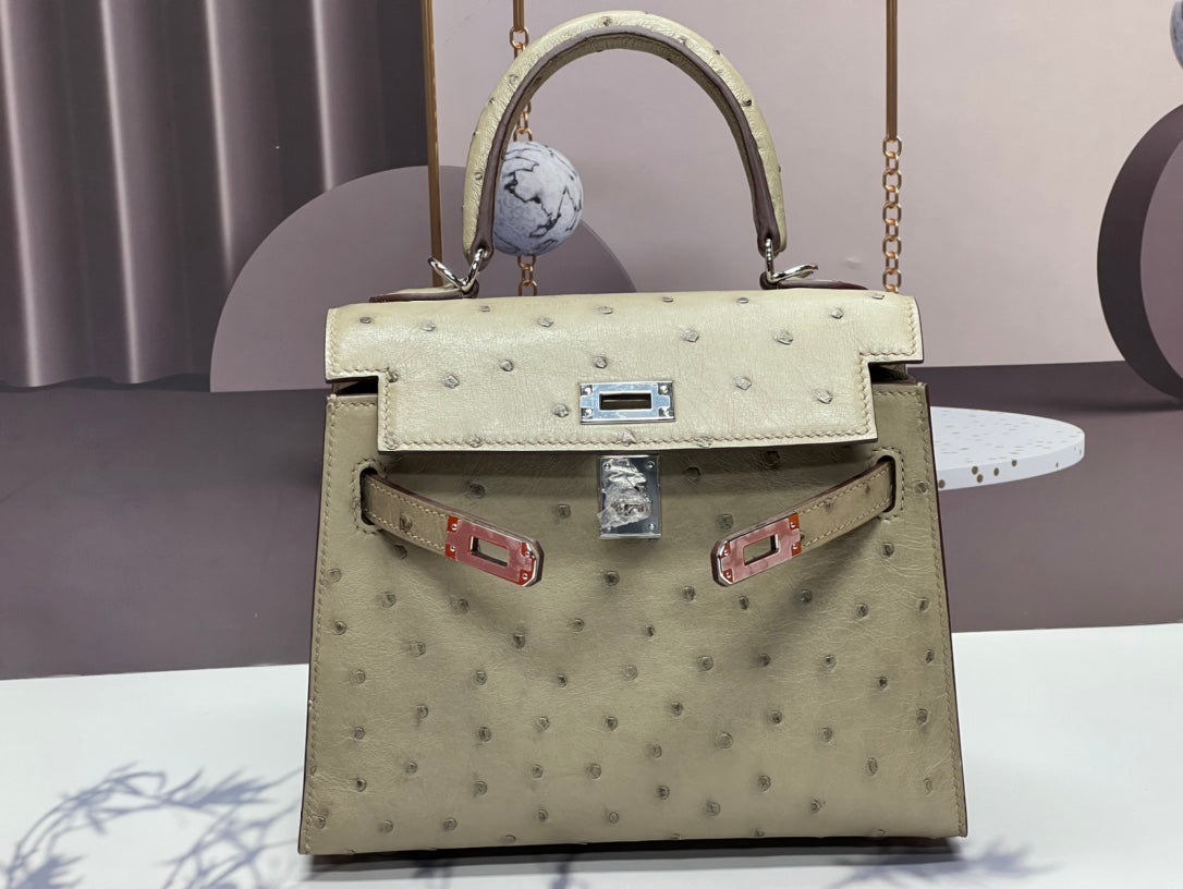 KELLY BAG 20 IN KHAKI TAN OSTRICH LEATHER WITH SILVER HARDWARE