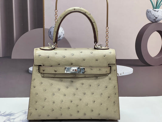 KELLY BAG 20 IN KHAKI TAN OSTRICH LEATHER WITH SILVER HARDWARE