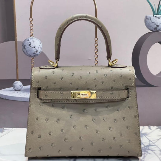 KELLY BAG 20 IN KHAKI BEIGE OSTRICH LEATHER WITH GOLD HARDWARE